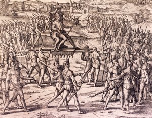 Inka-Kaiser Atahualpa wird von Francisco Pizarros spanischen Truppen besiegt, Peru, Gravur aus der Amerikanischen Geschichte von Theodor de Bry