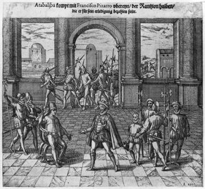 König Atahualpa (ca. 1502-33) verhandelt sein Lösegeld mit Francisco Pizarro, 1533 (Gravur) (sw Foto) von Theodore de Bry