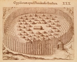 Einheimisches Dorf in Florida, Illustration aus The Discourse of Florida von Theodore de Bry