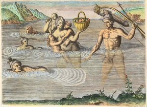 Eingeborene in Florida: eine Familie schwimmt von einer Insel zur anderen. Aus „Americae“, Teil II