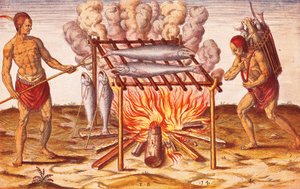Wie Indianer Fisch kochen, Illustration aus Admiranda Narratio von Theodore De Bry