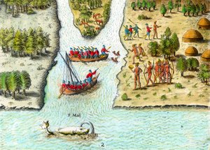 Navigation der Franzosen in Südamerika im 16. Jahrhundert: Ein Wal ist dargestellt (Gravur aus Geschichte Amerikas von Theodore De Bry, 16. Jahrhundert, Privatbesitz) von Theodore de Bry