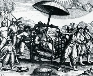 Portugiesen in Indien, auf einer Sänfte transportiert von Theodore de Bry