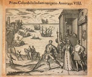 Königin Isabel und König Ferdinand begrüßen die Abreise von Christoph Kolumbus in Palos, Spanien, Gravur von Theodore de Bry