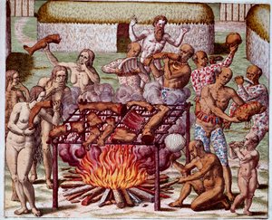Szene des Kannibalismus in Brasilien. Indianer verzehren ihre Feinde und Gefangenen. Gravur aus „Admiranda Narratio Americae“ von Theodor de Bry