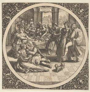 Szene mit Galanten bei einem Bankett in einem Kreis in der Mitte, 1580-1600 von Theodore de Bry