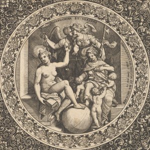 Szene mit Misericordia und Veritas in einem Kreis in der Mitte, 1580-1600 von Theodore de Bry