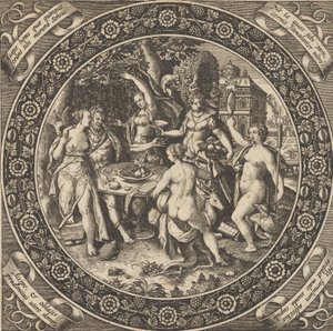 Szene mit einem Liebesfest in einem Kreis in der Mitte, 1580-1600 von Theodore de Bry