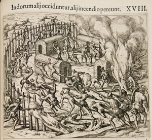 Einige Indianer werden getötet, einige sterben in einem Feuer. Aus: Americae pars quarta