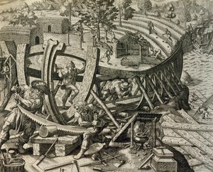 Spanische Seeleute bauen eine Karavelle, Gravur aus Historia Americae, von Theodor de Bry