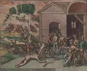 Spanische Soldaten beobachten und vollstrecken die Bestrafung eines Sklaven, 1595 von Theodore de Bry