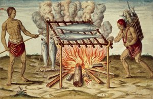 Taino-Eingeborene beim Fischkochen, Farbstich von Theodor de Bry aus dem Gemälde von John White, aus 
