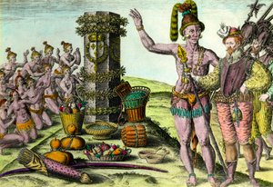 Die Floridianer kamen zur von dem französischen Navigator Jean Ribault (1520-1565) errichteten Säule der ersten Expedition nach Florida. Gravur aus „Geschichte Amerikas“ von Theodore De Bry (1528-1598) 16. Jahrhundert von Theodore de Bry