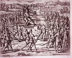 Der Inka-König Atahualpa (oder Atabaliba), der ein Zepter in Form einer Sonne hält, wird auf einer Sänfte getragen, um Francisco Pizarro zu treffen (Gravur)