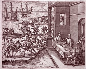 Die spanischen Konquistadoren Francisco Pizarro, Diego de Almagro und Hernando de Luque vereinten ihre Kräfte, um Peru zu erobern (Gravur) von Theodore de Bry