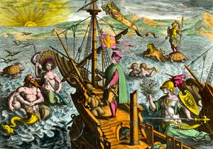 Das Boot des italienischen Navigators Amerigo Vespucci (1454 - 1512) von Theodore de Bry