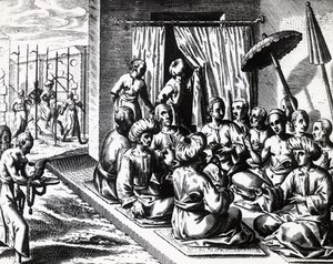 Hochzeitszeremonie in Bantam, Insel Java, von Theodor de Bry, Stich