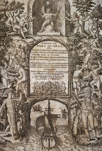 Westindien oder Amerika, von Theodor de Bry, Frontispiz, Gravur von Theodore de Bry