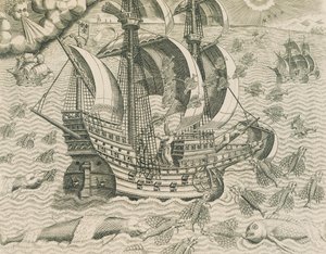 Geflügelter Fisch aus den Meeren der Indes, Illustration aus der amerikanischen Geschichte von Theodore de Bry von Theodore de Bry