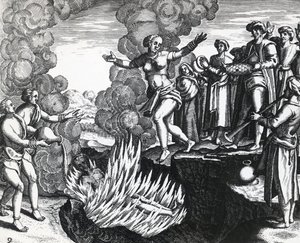 Frau wirft sich auf den Scheiterhaufen ihres Mannes, von Theodor de Bry (1528-1598), Stich von Theodore de Bry