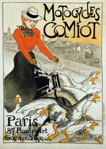 Werbeplakat für Comiot-Motorräder. Eine junge Frau auf einem Moped fährt zwischen einer Gruppe von Gänsen. Plakat von Theophile Alexandre Steinlen (1859-1923). 1899. Paris, dekorative Künste von Théophile Alexandre Steinlen
