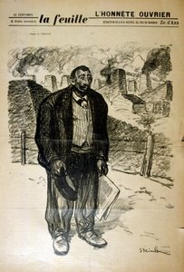 Zeichnung eines armen Fabrikarbeiters vor einer Industrielandschaft, von Alexandre Steinlen (1859-1923), einem schweizerisch-französischen Jugendstilmaler und Druckgrafiker