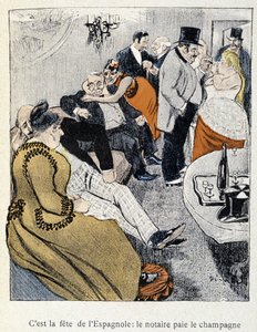 Filles et Marlous: Es ist das Fest der Spanier: der Notar zahlt den Champagner - in „Dans la vie“, von Steinlen 1901 (gleiche Zeichnung wie Nr. 27695) von Théophile Alexandre Steinlen