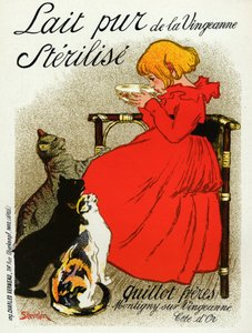 Essen und Trinken. Vingeanne-Milch. Kleines Mädchen mit Katzen. Plakat von Steinlen, Frankreich, ca. 1890 (Plakat) von Théophile Alexandre Steinlen