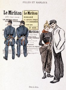 Mädchen und Marlou: ein Zuhälter und eine Prostituierte hinter zwei Polizisten. In „In Life“ von Steinlen