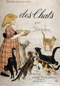 Mädchen bringt eine Milchschale zu Katzen - Umschlag „Katzen“ von Steinlen, 19. Jh. von Théophile Alexandre Steinlen