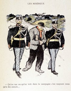 Die Elenden: Ob wir auf dem Land töten oder stehlen, wir sind immer in Schwierigkeiten... (Ein Vagabund umgeben von 2 Gendarmen) - in „Im Leben“, von Steinlen 1901