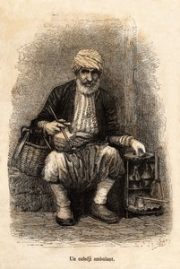 Ein reisender Kaffeehändler (Cafedji) im Basar von Trapezunt (heutiges Trabzon, an der Schwarzmeerküste), Gravur nach einer Zeichnung des Erzählers, zur Illustration einer Reise nach Lazistan und Armenien, 1869, von Theophile Deyrolle, veröffentlicht in „L