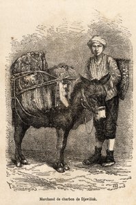 Ein Kohlenhändler mit seinem Esel in Djewilisk (Nordanatolien), graviert nach einer Zeichnung des Erzählers, zur Illustration einer Reise in Lazistan und Armenien, 1869, von Theophile Deyrolle, veröffentlicht in „Le tour du monde“ 1875, herausgegeben von E