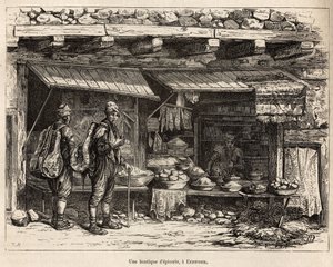 Ein Lebensmittelgeschäft in Erzeroum (Armenien), graviert nach einer Zeichnung des Autors, die die Reise in Lazistan und Armenien von Theophile Deyrolles in 1869 illustriert, veröffentlicht in "Le tour du monde" 1875, herausgegeben von Edouard Charton, Hac
