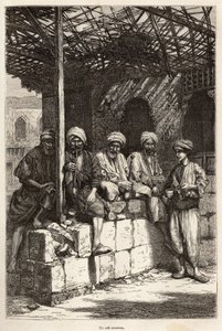 Ein armenisches Café, ein Ort der männlichen Geselligkeit, um Kaffee zu trinken und Pfeife zu rauchen, Gravur nach einer Zeichnung des Autors, die die Reise in Lazistan und Armenien von Theophile Deyrolles in 1869 illustriert, veröffentlicht in "Le tour du
