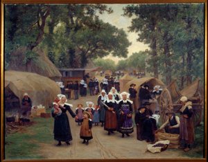 Die Ankunft beim Pardon de Fouesnant. Bretonische Familien in traditioneller Tracht. Gemälde von Theophile Deyrolle (1844-1923) 1892. Brest, Museum der Schönen Künste