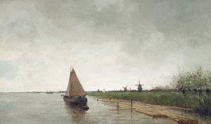 Eine Flusslandschaft mit Schiffen, eine Stadt im Hintergrund von Theophile de Bock
