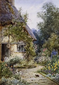 Ein Cottage-Garten mit einer Katze im Vordergrund; und eine Cottage-Grenze im Sommer von Theresa Sylvester Stannard