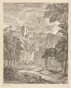Arkadische Landschaft mit einem Wasserfall und einer Frau unter einem Baum