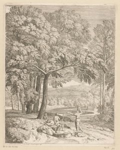Arkadische Landschaft mit zwei Männern und einer korbtragenden Frau von Théodore