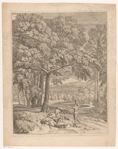 Arkadische Landschaft mit zwei Männern und einer Korb tragenden Frau von Théodore