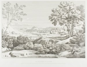 Blick von den Ufern des Illisos: Berge der Argolis, Tempel des Olympischen Zeus, die Akropolis, Palast des Königs Corydalus, Dorf Ambelokipos, Berg Anchesmos, Olivenwald und der Fluss Illisos