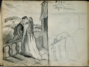 Die Liebenden Romeo und Julia. Illustration des gleichnamigen Stücks von William Shakespeare (1564-1616), die Liebende zeigt, die sich auf dem Balkon küssen. Skizze von Theodore Chasseriau (1819-1856) Paris. Louvre Museum von Théodore Chassériau