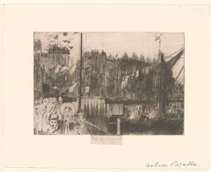 Stadtansicht mit Figuren an einer mit Fahnen geschmückten Uferpromenade von Théodore Roussel (signed by artist)