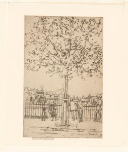 Sechs Figuren an einem Zaun entlang eines Flusses, im Vordergrund ein Baum von Théodore Roussel (signed by artist)