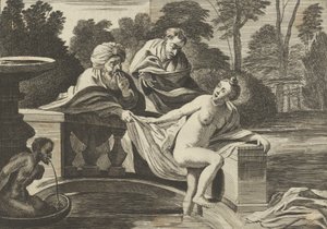 Susanna, teilweise nackt und aus einem Brunnen tretend, mit zwei Ältesten links, einer o..., ca. 1656-60