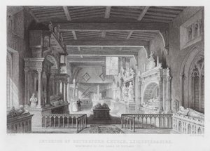 Innenraum der Bottesford Kirche, Leicestershire, Denkmäler der Earls of Rutland (Gravur) von Thomas (after) Allom
