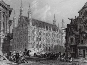 Rathaus von Louvain, mit einem Teil der Kathedrale von Thomas (after) Allom