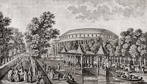 Ranelagh Gardens, Chelsea, London, England. Das Äußere der Rotunde in den Ranelagh Gardens, das "Chinesische Haus" und ein Teil des Geländes, nach dem Stich von Thomas Bowles von Thomas (after) Bowles