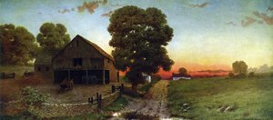 Ein Sonnenuntergang in New Hampshire, ca. 1910. Nach Thomas Moran (1837-1926), englisch-amerikanischer Künstler. Vereinigte Staaten Landschaft Weide Hof Scheune Karren Baum Himmel Abend von Thomas (after) Moran